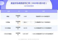 货币如何兑换：2025年5月25日美金兑换马来西亚币